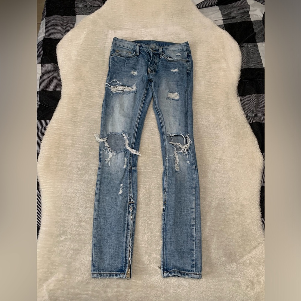 MNML Mens Blue Ripped Denim Jeans‎ Size 28x32 Ankle Zip Pants